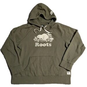 Roots Beaver Logo Hoodie Mens XL Olive Green Pullover Sweatshirt Canada